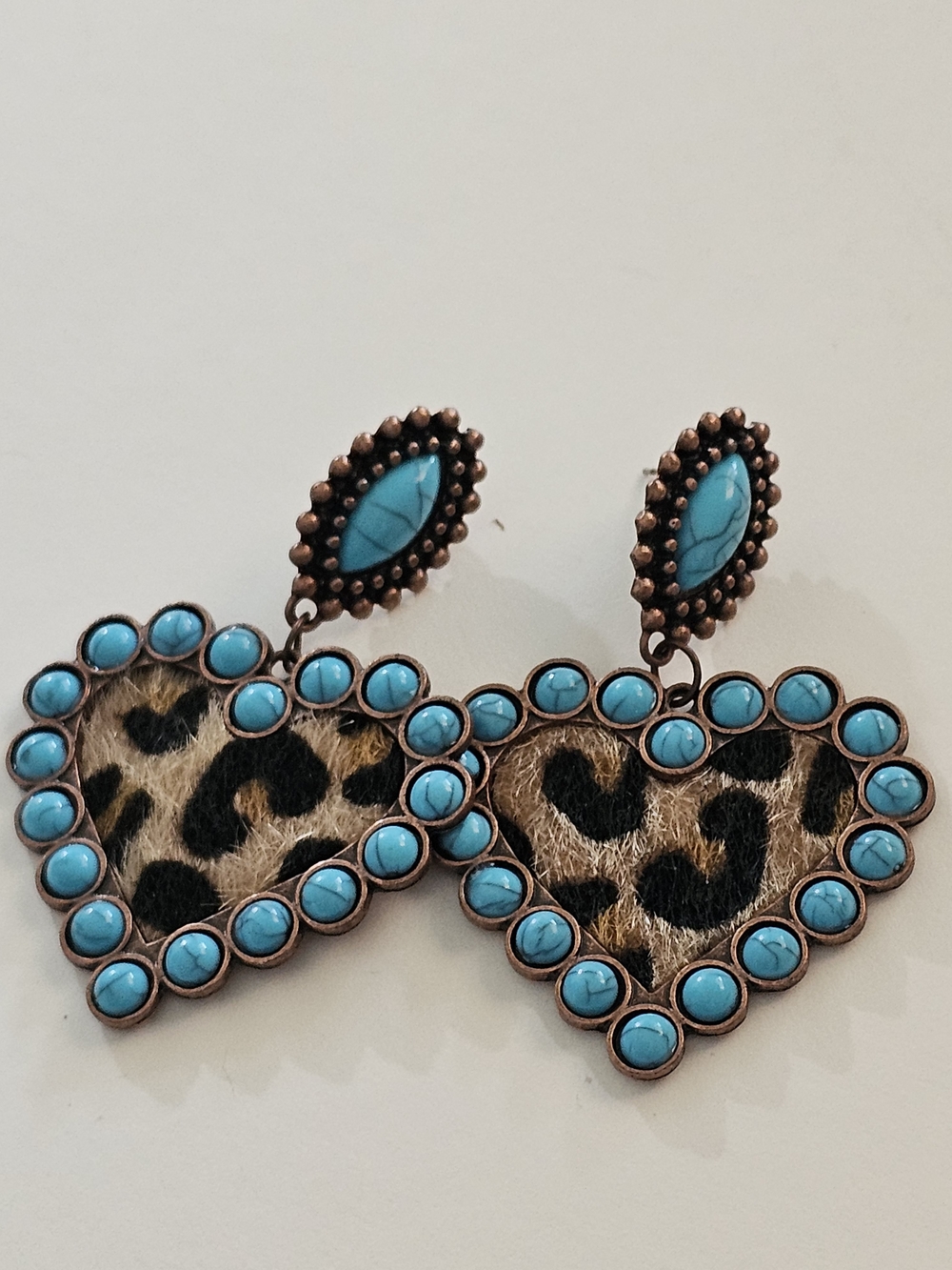 Turquoise Beaded Leopard Heart Drop Earrings